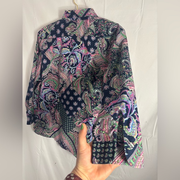 Women’s 100% Cotton Navy Blue Paisley Patchwork Boho Spring Button Down Size XL - Picture 5 of 13